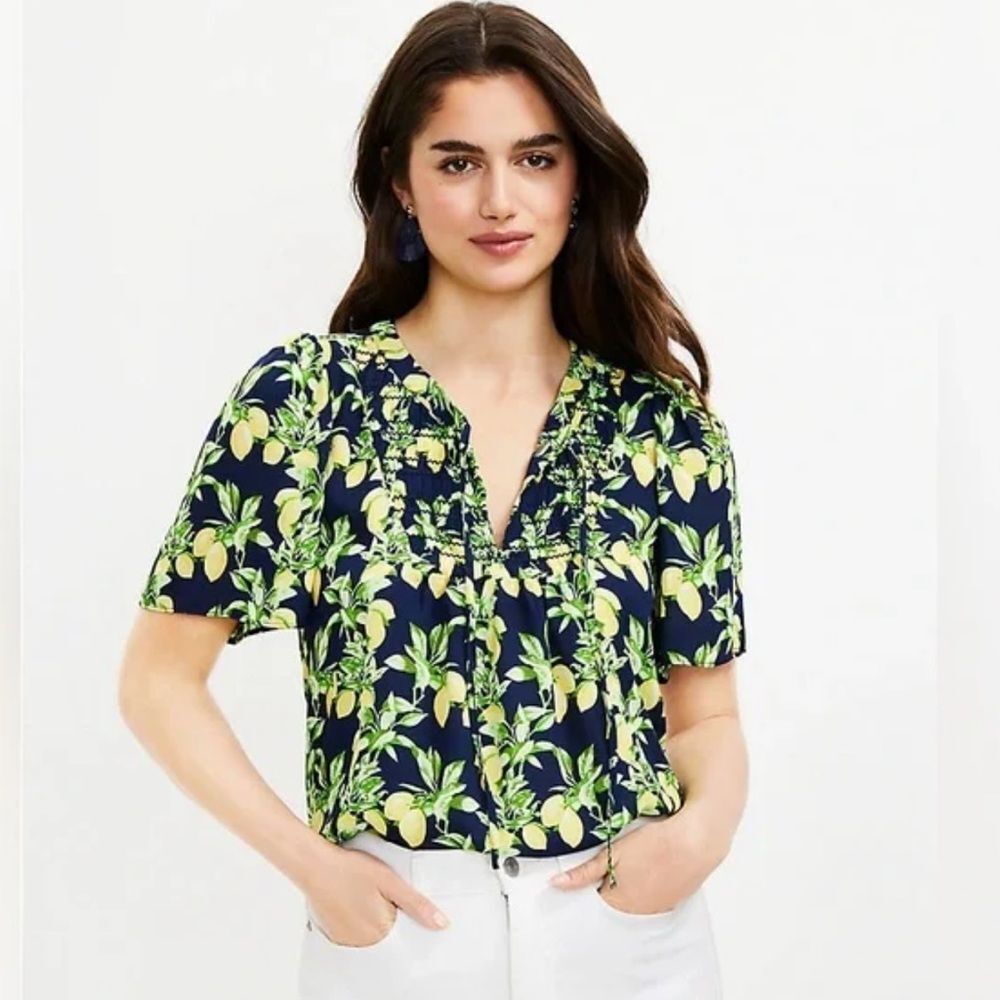 LOFT XL Navy Yellow Lemon Print Toe Front Gathered Chest Short Sleeve Blouse